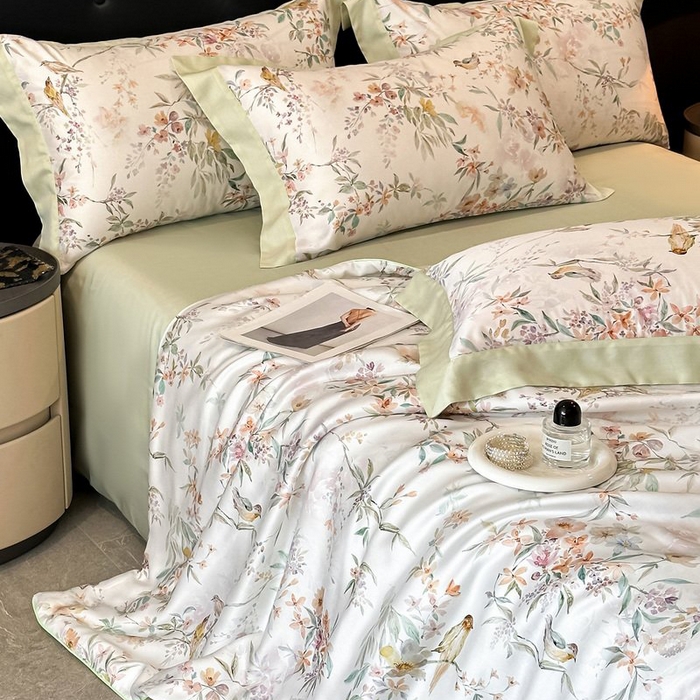 91家纺网 家纺一手货源 找家纺 慕晨 2026新款大宽边天丝莱赛尔数码印花夏被四件套高级简奢款丝滑丝绸直播热款 雾屿