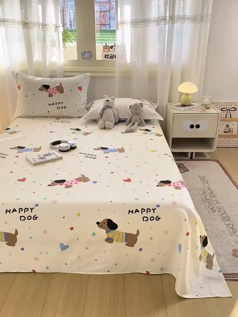 91家纺网 家纺一手货源 找家纺 女子家纺 2026新款全棉印花小清新系列-单床单 甜心汪星人