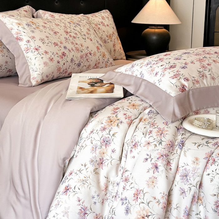 91家纺网 家纺一手货源 找家纺 慕晨 2026新款大宽边高级简奢款凉感天丝莱赛尔数码印花丝滑丝绸四件套直播热款 小樱