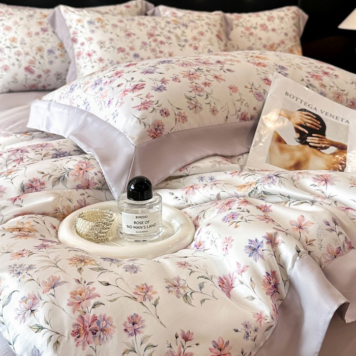 91家纺网 家纺一手货源 找家纺 慕晨 2026新款大宽边高级简奢款凉感天丝莱赛尔数码印花丝滑丝绸四件套直播热款 小樱