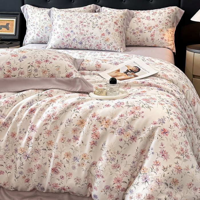 91家纺网 家纺一手货源 找家纺 慕晨 2026新款大宽边高级简奢款凉感天丝莱赛尔数码印花丝滑丝绸四件套直播热款 小樱