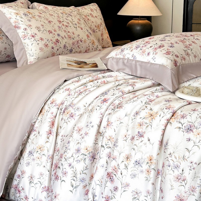 91家纺网 家纺一手货源 找家纺 慕晨 2026新款大宽边高级简奢款凉感天丝莱赛尔数码印花丝滑丝绸四件套直播热款 小樱