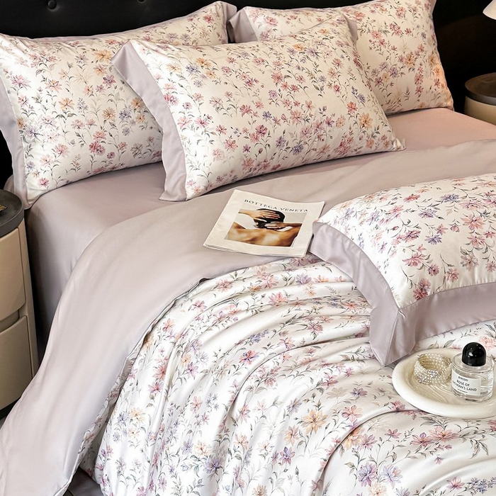 91家纺网 家纺一手货源 找家纺 慕晨 2026新款大宽边高级简奢款凉感天丝莱赛尔数码印花丝滑丝绸四件套直播热款 小樱