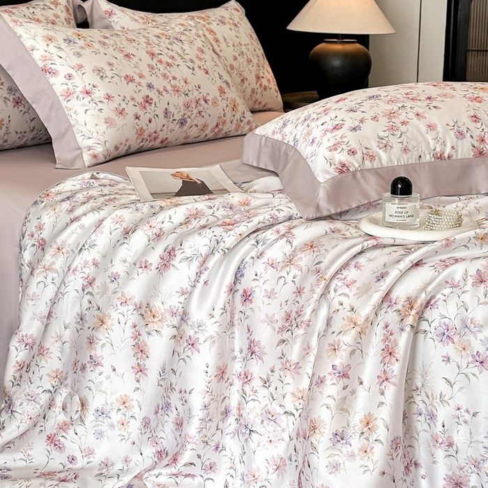 91家纺网 家纺一手货源 找家纺 慕晨 2026新款大宽边天丝莱赛尔数码印花夏被四件套高级简奢款丝滑丝绸直播热款 小樱