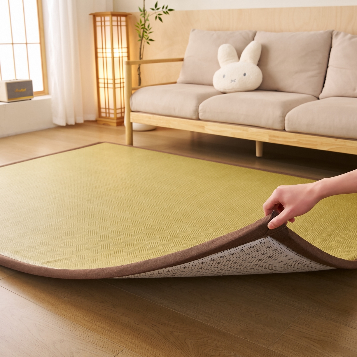 91家纺网 家纺一手货源 找家纺 鹿辉家居（原吉欧力） 2026新款多功能凉感冰藤床垫藤席地垫-地铺席 饼干花绿