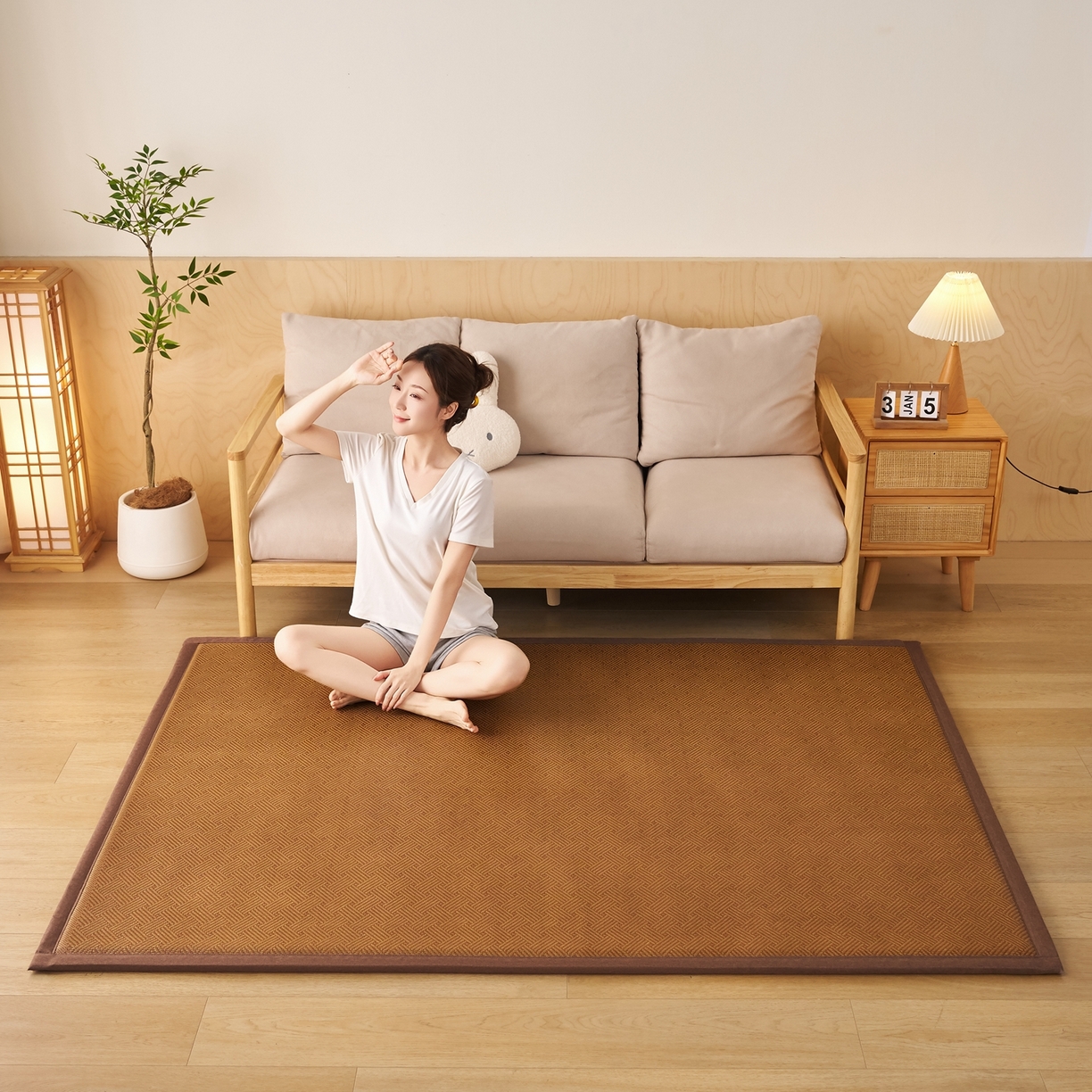 91家纺网 家纺一手货源 找家纺 鹿辉家居（原吉欧力） 2026新款多功能凉感冰藤床垫藤席地垫-地铺席 饼干花卡其