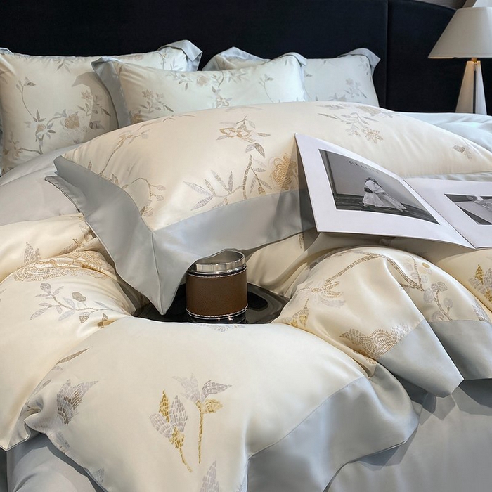 91家纺网 家纺一手货源 找家纺 慕晨 2026新款大宽边高级简奢款凉感天丝莱赛尔数码印花丝滑丝绸四件套直播热款 妍艺 黄