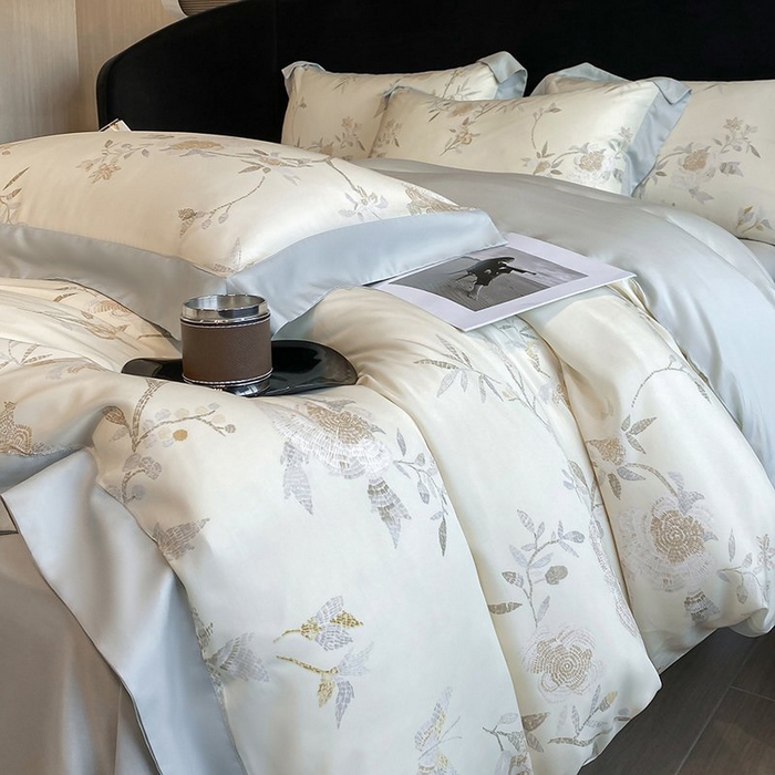 91家纺网 家纺一手货源 找家纺 慕晨 2026新款大宽边高级简奢款凉感天丝莱赛尔数码印花丝滑丝绸四件套直播热款 妍艺 黄