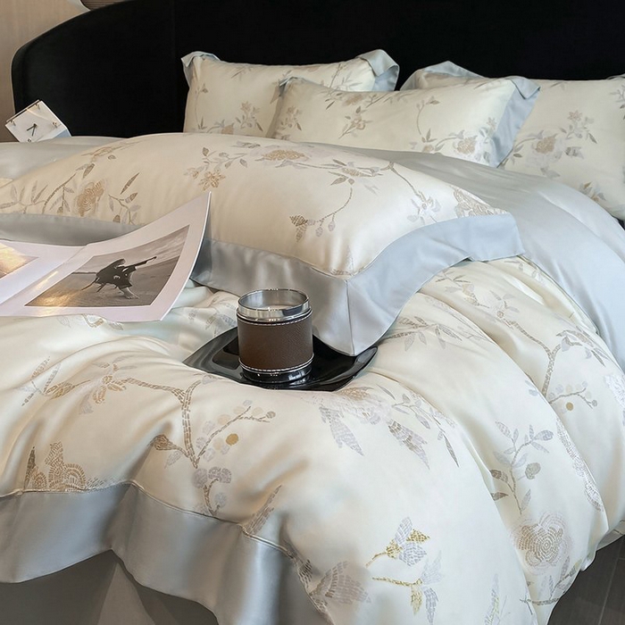 91家纺网 家纺一手货源 找家纺 慕晨 2026新款大宽边高级简奢款凉感天丝莱赛尔数码印花丝滑丝绸四件套直播热款 妍艺 黄