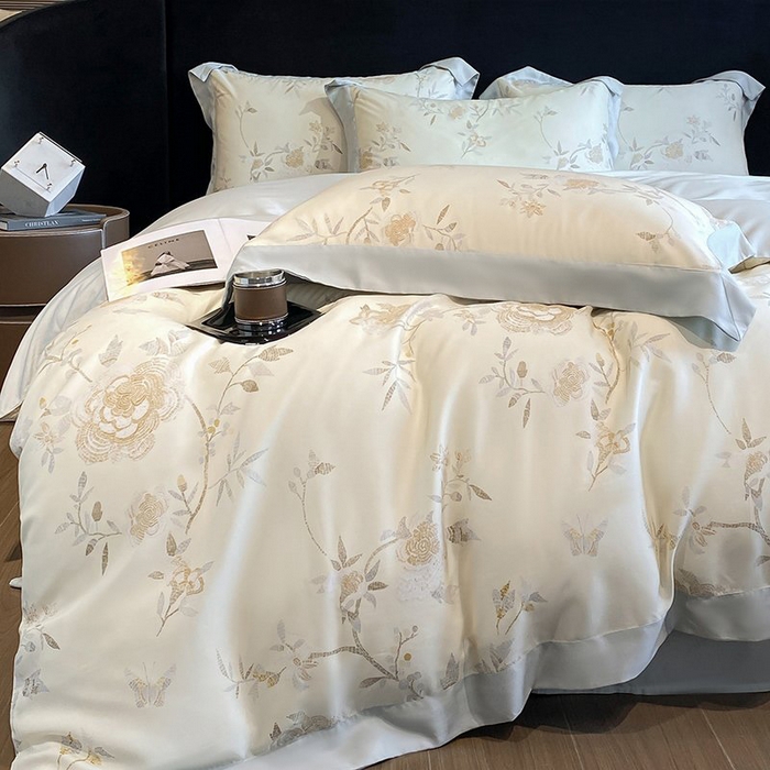 91家纺网 家纺一手货源 找家纺 慕晨 2026新款大宽边高级简奢款凉感天丝莱赛尔数码印花丝滑丝绸四件套直播热款 妍艺 黄