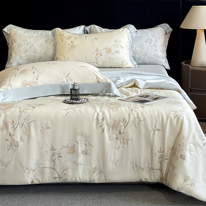 91家纺网 家纺一手货源 找家纺 慕晨 2026新款大宽边天丝莱赛尔数码印花夏被四件套高级简奢款丝滑丝绸直播热款 妍艺 黄