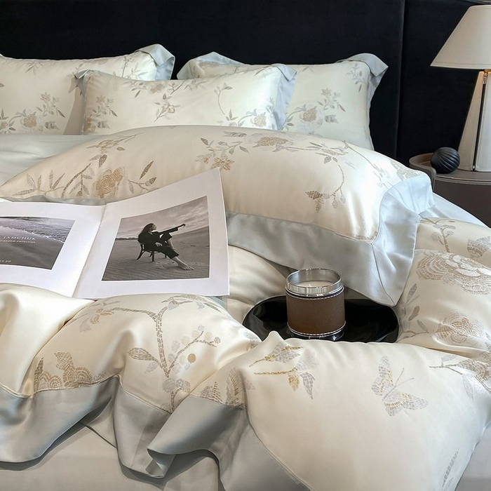 91家纺网 家纺一手货源 找家纺 慕晨 2026新款大宽边高级简奢款凉感天丝莱赛尔数码印花丝滑丝绸四件套直播热款 妍艺 黄