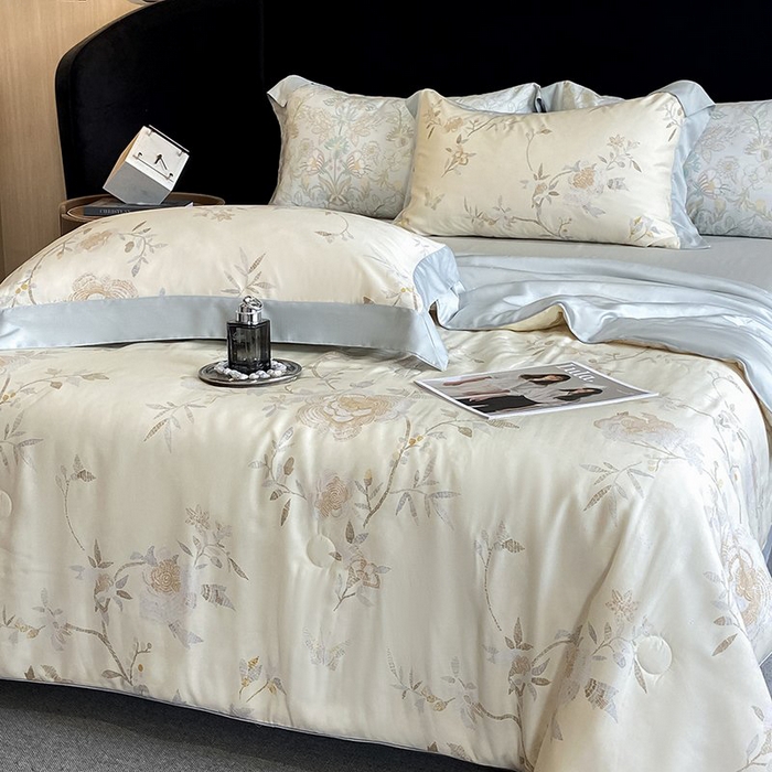 91家纺网 家纺一手货源 找家纺 慕晨 2026新款大宽边天丝莱赛尔数码印花夏被四件套高级简奢款丝滑丝绸直播热款 妍艺 黄