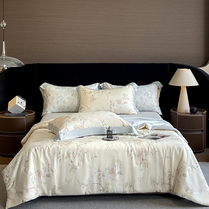 91家纺网 家纺一手货源 找家纺 慕晨 2026新款大宽边天丝莱赛尔数码印花夏被四件套高级简奢款丝滑丝绸直播热款 妍艺 黄