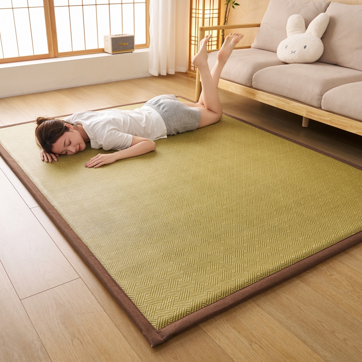 91家纺网 家纺一手货源 找家纺 鹿辉家居（原吉欧力） 2026新款多功能凉感冰藤床垫藤席地垫-地铺席 饼干花绿