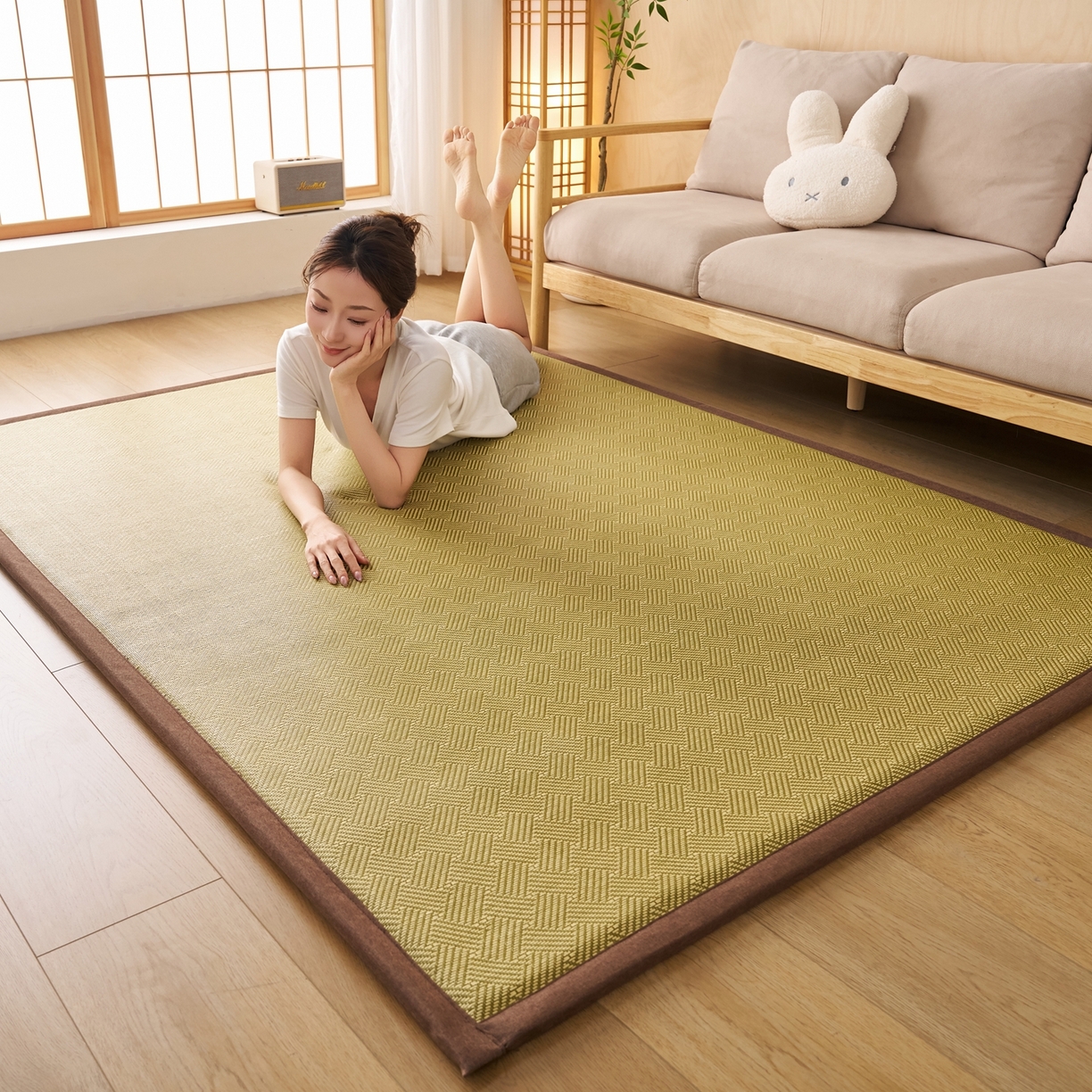 91家纺网 家纺一手货源 找家纺 鹿辉家居（原吉欧力） 2026新款多功能凉感冰藤床垫藤席地垫-地铺席 饼干花绿