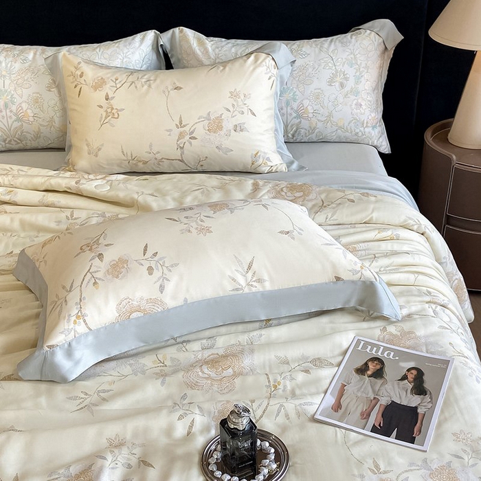 91家纺网 家纺一手货源 找家纺 慕晨 2026新款大宽边天丝莱赛尔数码印花夏被四件套高级简奢款丝滑丝绸直播热款 妍艺 黄