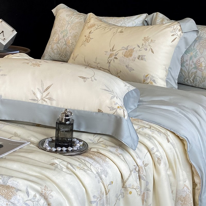 91家纺网 家纺一手货源 找家纺 慕晨 2026新款大宽边天丝莱赛尔数码印花夏被四件套高级简奢款丝滑丝绸直播热款 妍艺 黄