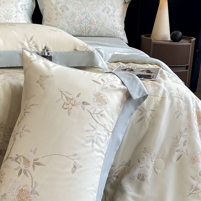 91家纺网 家纺一手货源 找家纺 慕晨 2026新款大宽边天丝莱赛尔数码印花夏被四件套高级简奢款丝滑丝绸直播热款 妍艺 黄