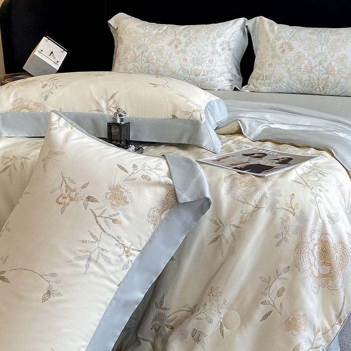 91家纺网 家纺一手货源 找家纺 慕晨 2026新款大宽边天丝莱赛尔数码印花夏被四件套高级简奢款丝滑丝绸直播热款 妍艺 黄