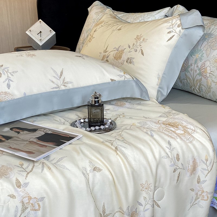 91家纺网 家纺一手货源 找家纺 慕晨 2026新款大宽边天丝莱赛尔数码印花夏被四件套高级简奢款丝滑丝绸直播热款 妍艺 黄