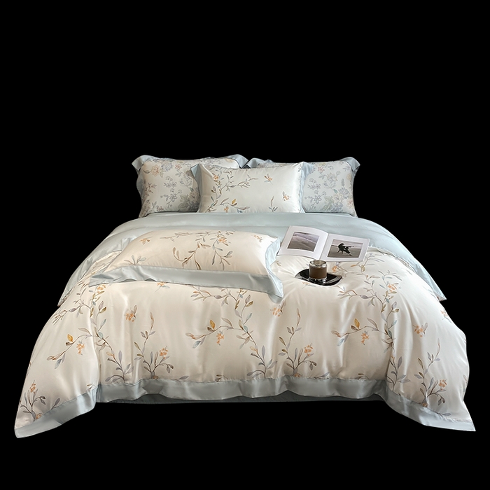 91家纺网 家纺一手货源 找家纺 慕晨 2026新款大宽边高级简奢款凉感天丝莱赛尔数码印花丝滑丝绸四件套直播热款 清雅