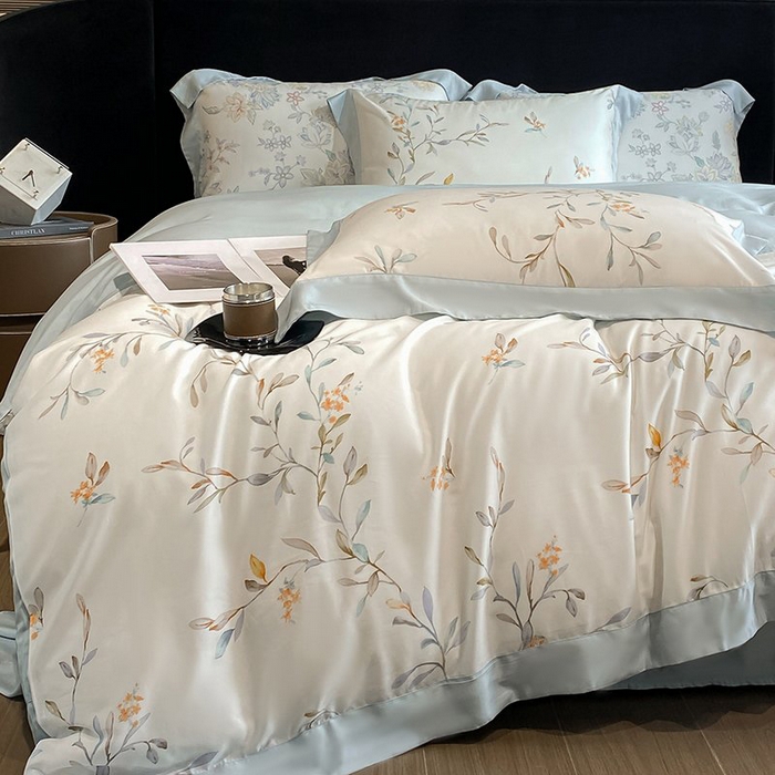 91家纺网 家纺一手货源 找家纺 慕晨 2026新款大宽边高级简奢款凉感天丝莱赛尔数码印花丝滑丝绸四件套直播热款 清雅