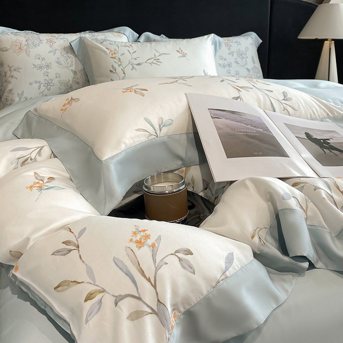 91家纺网 家纺一手货源 找家纺 慕晨 2026新款大宽边高级简奢款凉感天丝莱赛尔数码印花丝滑丝绸四件套直播热款 清雅