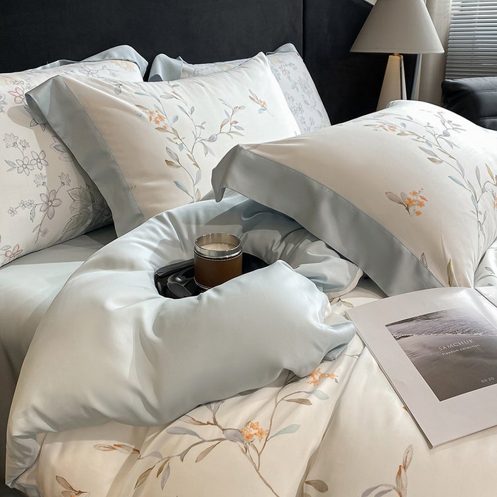 91家纺网 家纺一手货源 找家纺 慕晨 2026新款大宽边高级简奢款凉感天丝莱赛尔数码印花丝滑丝绸四件套直播热款 清雅