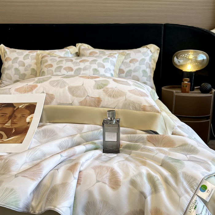 91家纺网 家纺一手货源 找家纺 慕晨 2026新款大宽边天丝莱赛尔数码印花夏被四件套高级简奢款丝滑丝绸直播热款 林间蜜杏