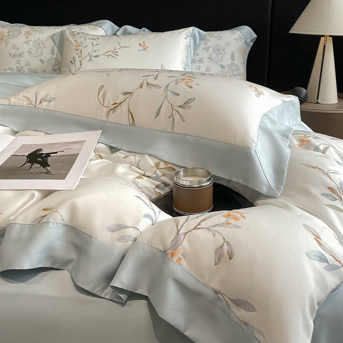 91家纺网 家纺一手货源 找家纺 慕晨 2026新款大宽边高级简奢款凉感天丝莱赛尔数码印花丝滑丝绸四件套直播热款 清雅