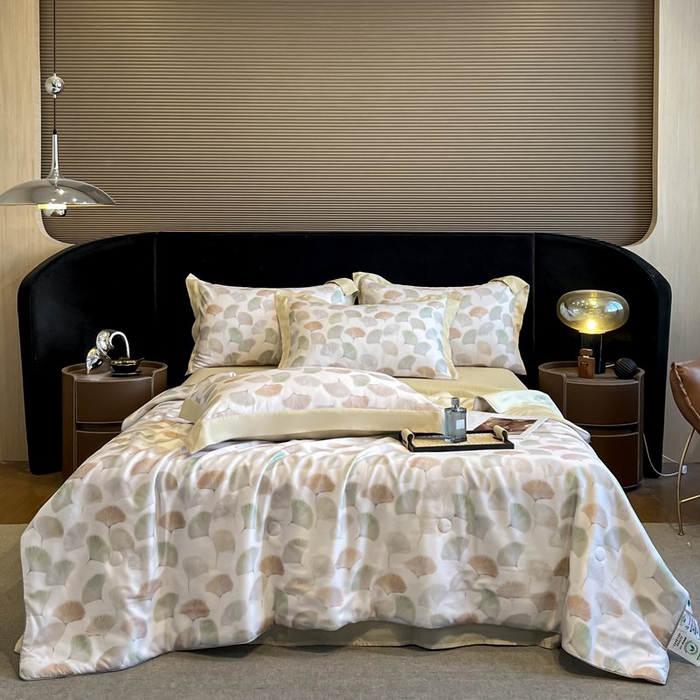 91家纺网 家纺一手货源 找家纺 慕晨 2026新款大宽边天丝莱赛尔数码印花夏被四件套高级简奢款丝滑丝绸直播热款 林间蜜杏