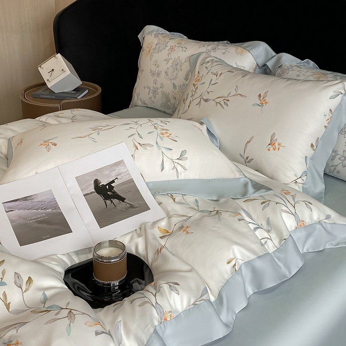 91家纺网 家纺一手货源 找家纺 慕晨 2026新款大宽边高级简奢款凉感天丝莱赛尔数码印花丝滑丝绸四件套直播热款 清雅