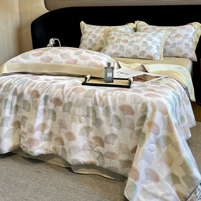 91家纺网 家纺一手货源 找家纺 慕晨 2026新款大宽边天丝莱赛尔数码印花夏被四件套高级简奢款丝滑丝绸直播热款 林间蜜杏