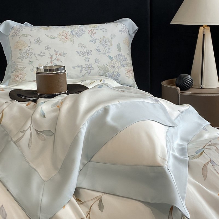 91家纺网 家纺一手货源 找家纺 慕晨 2026新款大宽边高级简奢款凉感天丝莱赛尔数码印花丝滑丝绸四件套直播热款 清雅