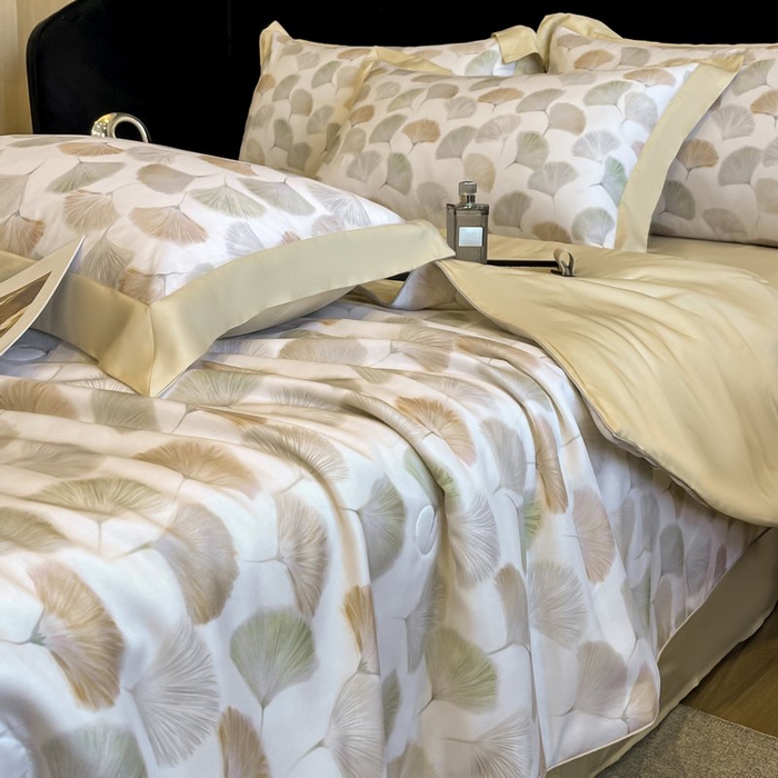 91家纺网 家纺一手货源 找家纺 慕晨 2026新款大宽边天丝莱赛尔数码印花夏被四件套高级简奢款丝滑丝绸直播热款 林间蜜杏