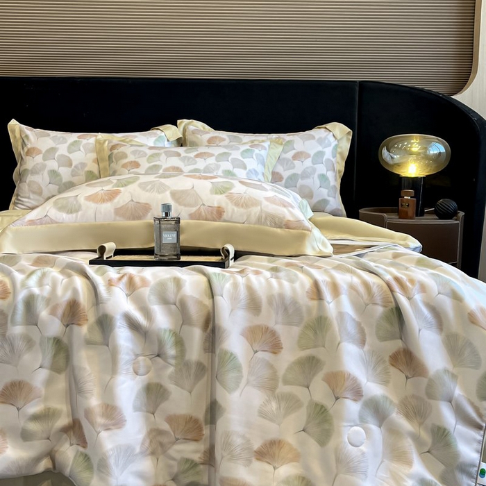 91家纺网 家纺一手货源 找家纺 慕晨 2026新款大宽边天丝莱赛尔数码印花夏被四件套高级简奢款丝滑丝绸直播热款 林间蜜杏