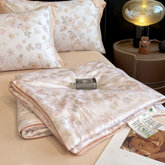 慕晨 2026新款大宽边天丝莱赛尔数码印花夏被四件套高级简奢款丝滑丝绸直播热款 念池-粉