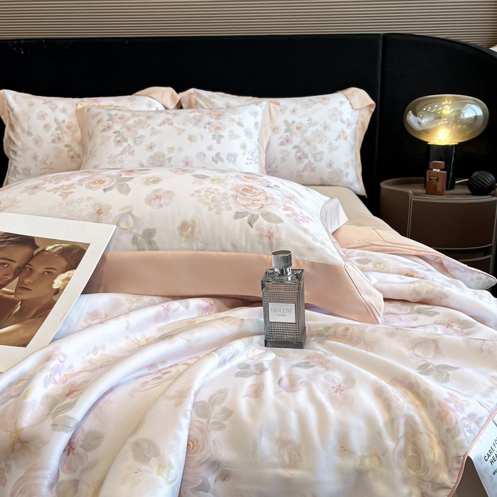 91家纺网 家纺一手货源 找家纺 慕晨 2026新款大宽边天丝莱赛尔数码印花夏被四件套高级简奢款丝滑丝绸直播热款 念池-粉