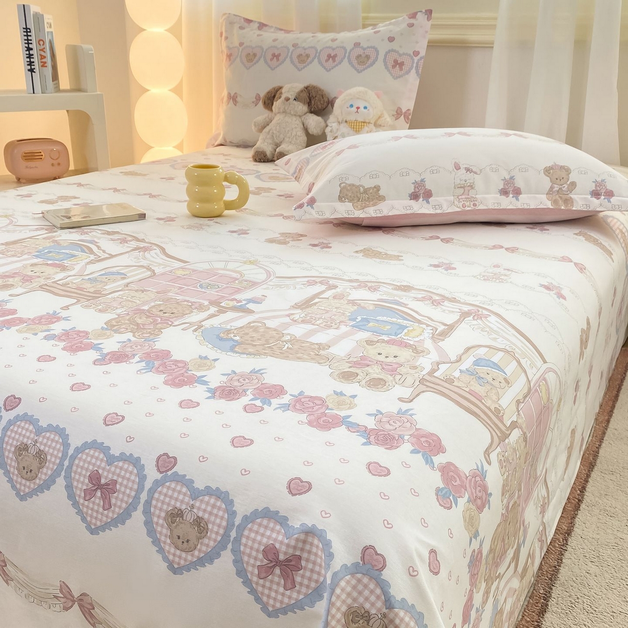 91家纺网 家纺一手货源 找家纺 女子家纺 2026新款全棉印花小清新系列-单床单 小熊安缦