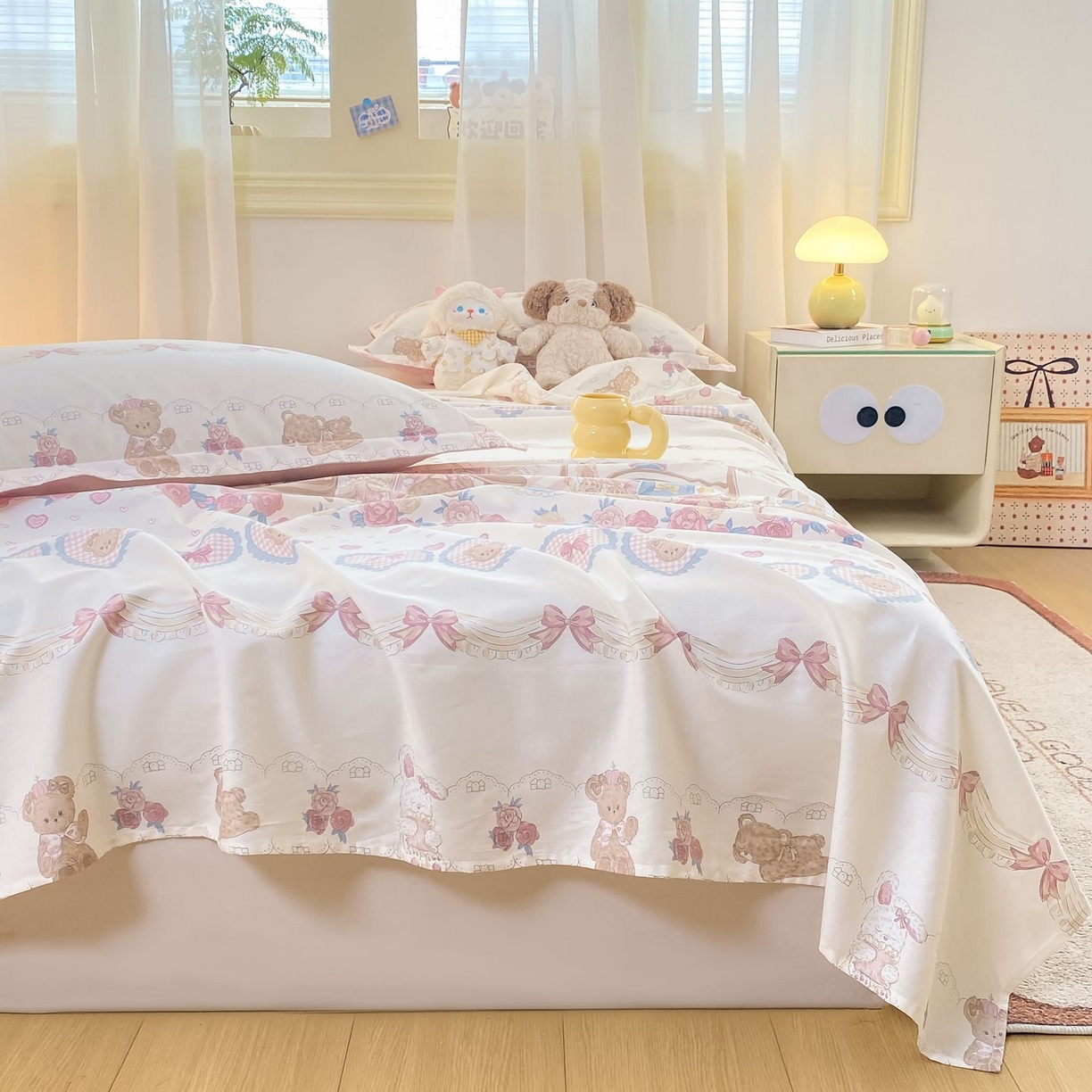 91家纺网 家纺一手货源 找家纺 女子家纺 2026新款全棉印花小清新系列-单床单 小熊安缦