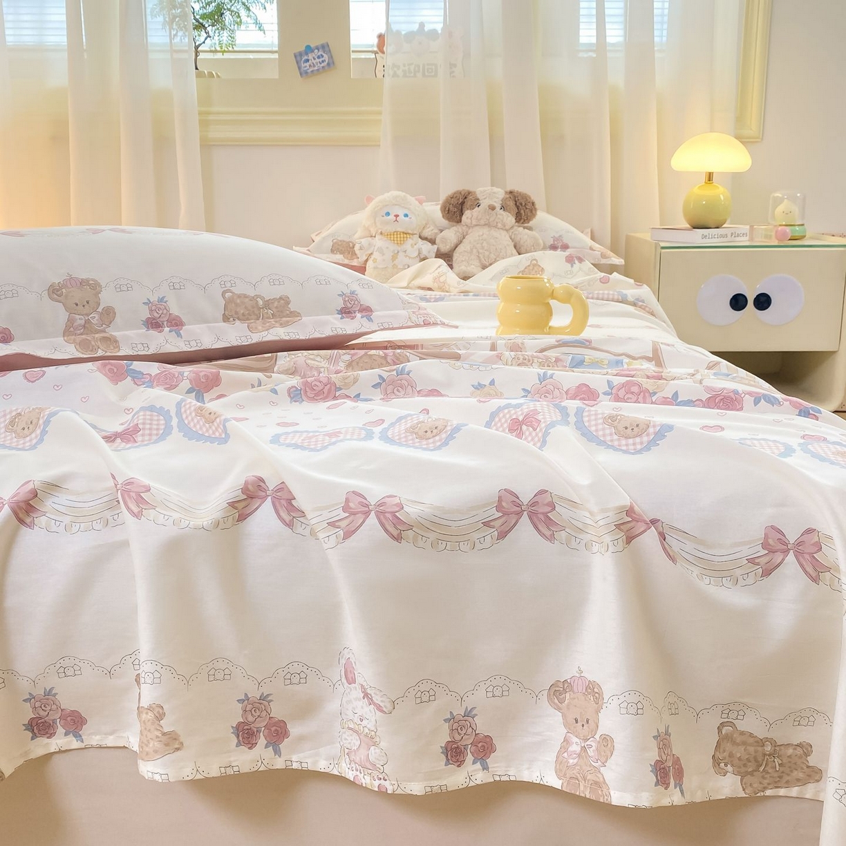 91家纺网 家纺一手货源 找家纺 女子家纺 2026新款全棉印花小清新系列-单床单 小熊安缦