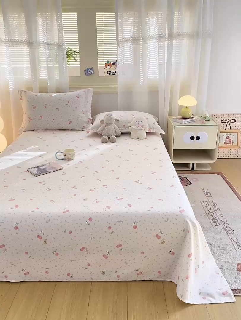 91家纺网 家纺一手货源 找家纺 女子家纺 2026新款全棉印花小清新系列-单床单 樱桃甜宠