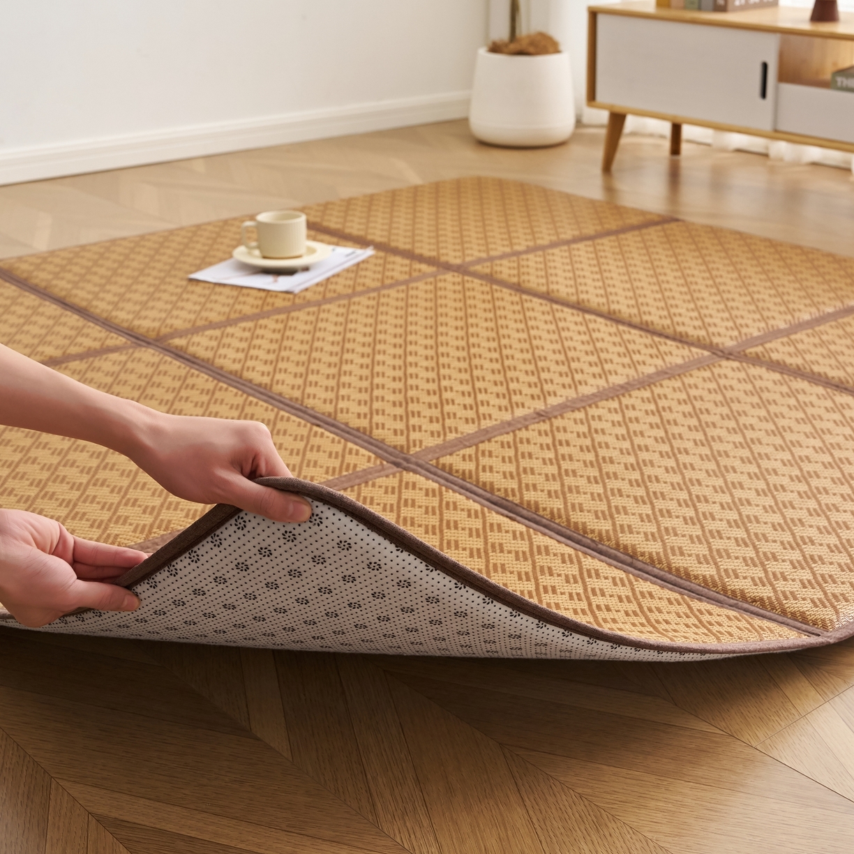 91家纺网 家纺一手货源 找家纺 鹿辉家居（原吉欧力） 2026新款多功能凉感冰藤床垫藤席地垫-九宫格 节节高