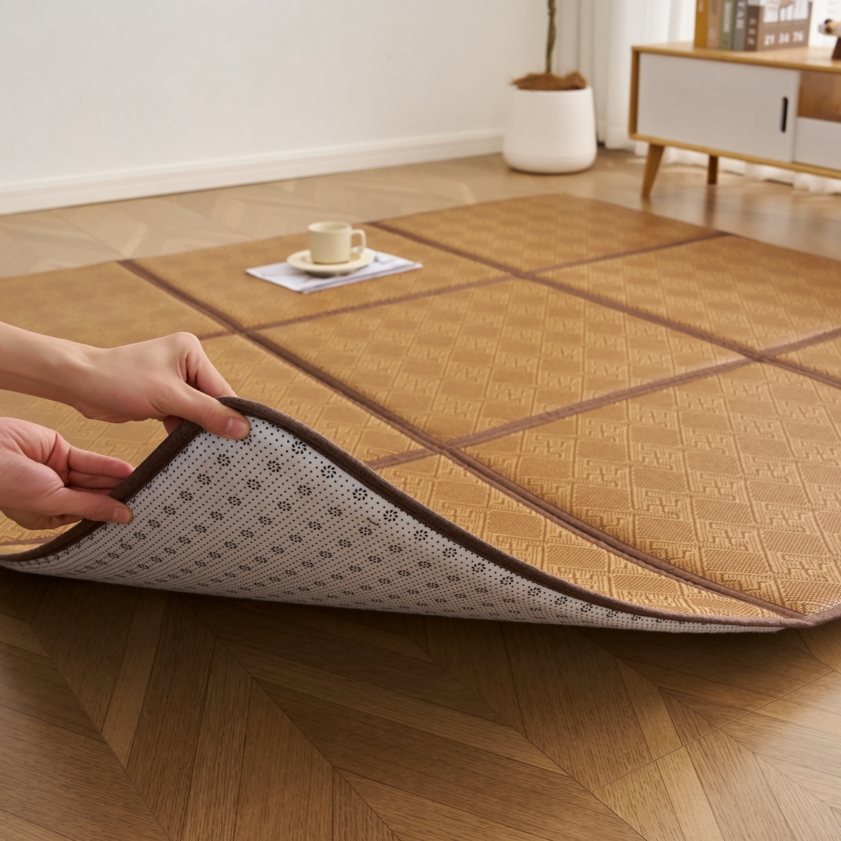 91家纺网 家纺一手货源 找家纺 鹿辉家居（原吉欧力） 2026新款多功能凉感冰藤床垫藤席地垫-九宫格 经典回纹