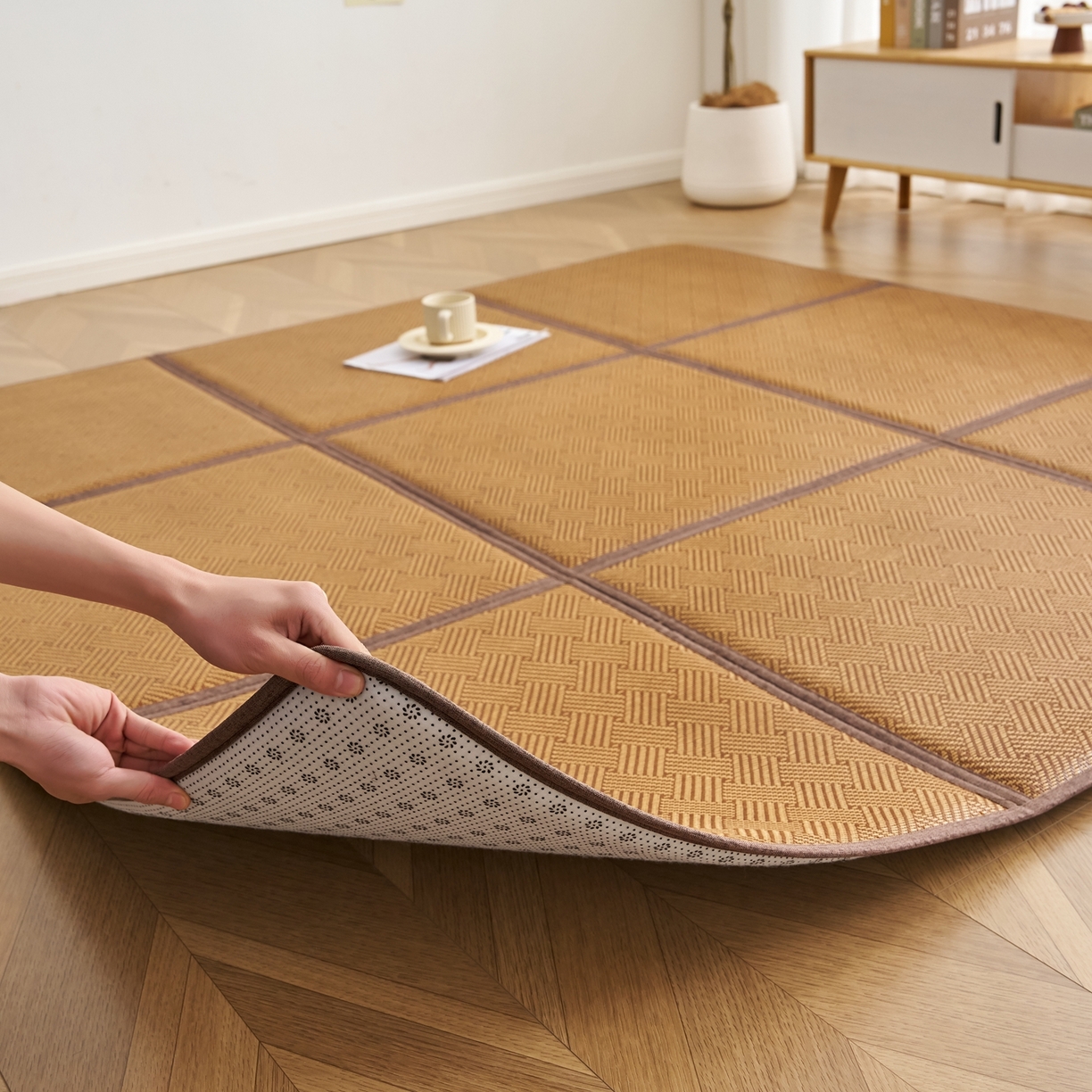 91家纺网 家纺一手货源 找家纺 鹿辉家居（原吉欧力） 2026新款多功能凉感冰藤床垫藤席地垫-九宫格 饼干花卡其