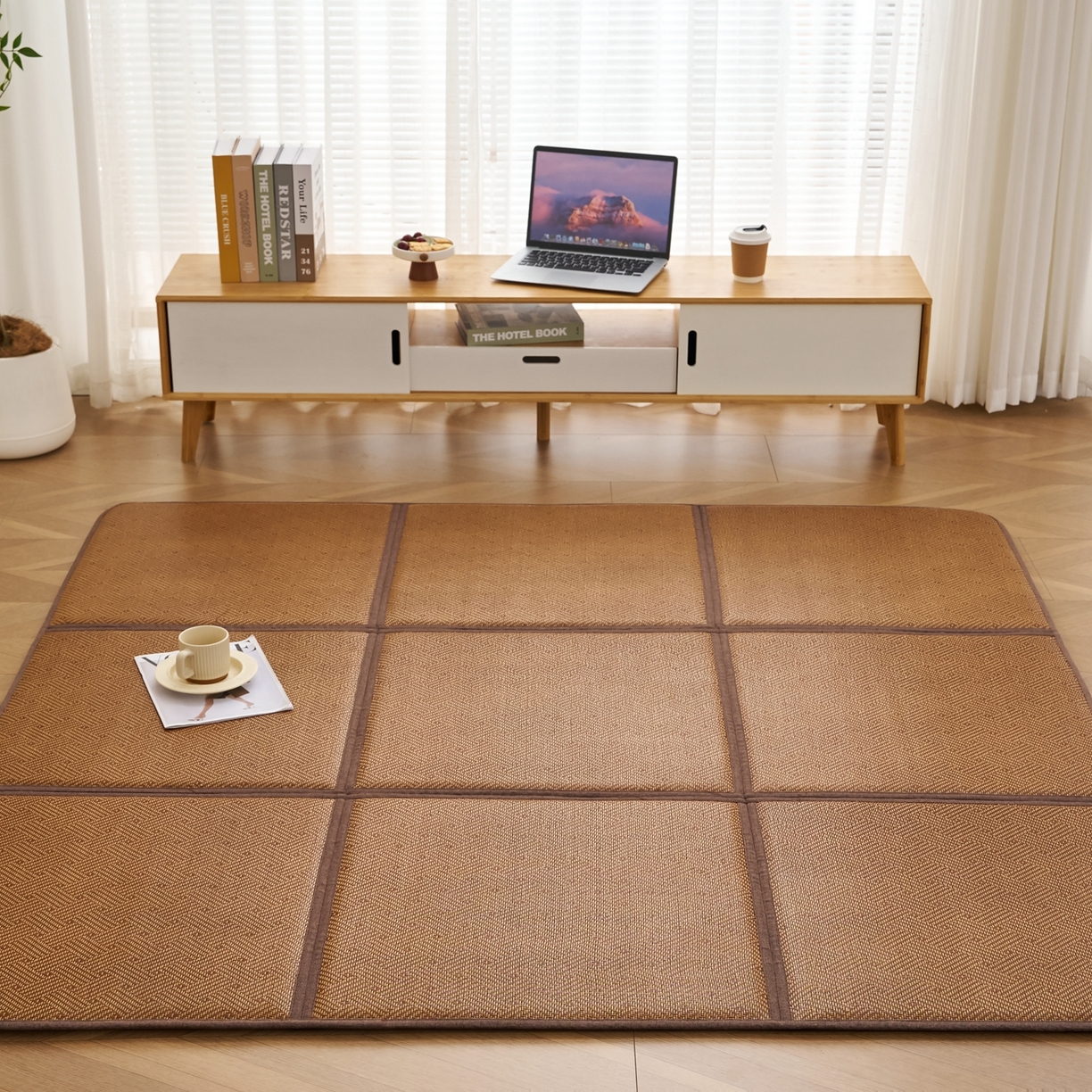 91家纺网 家纺一手货源 找家纺 鹿辉家居（原吉欧力） 2026新款多功能凉感冰藤床垫藤席地垫-九宫格 饼干花卡其