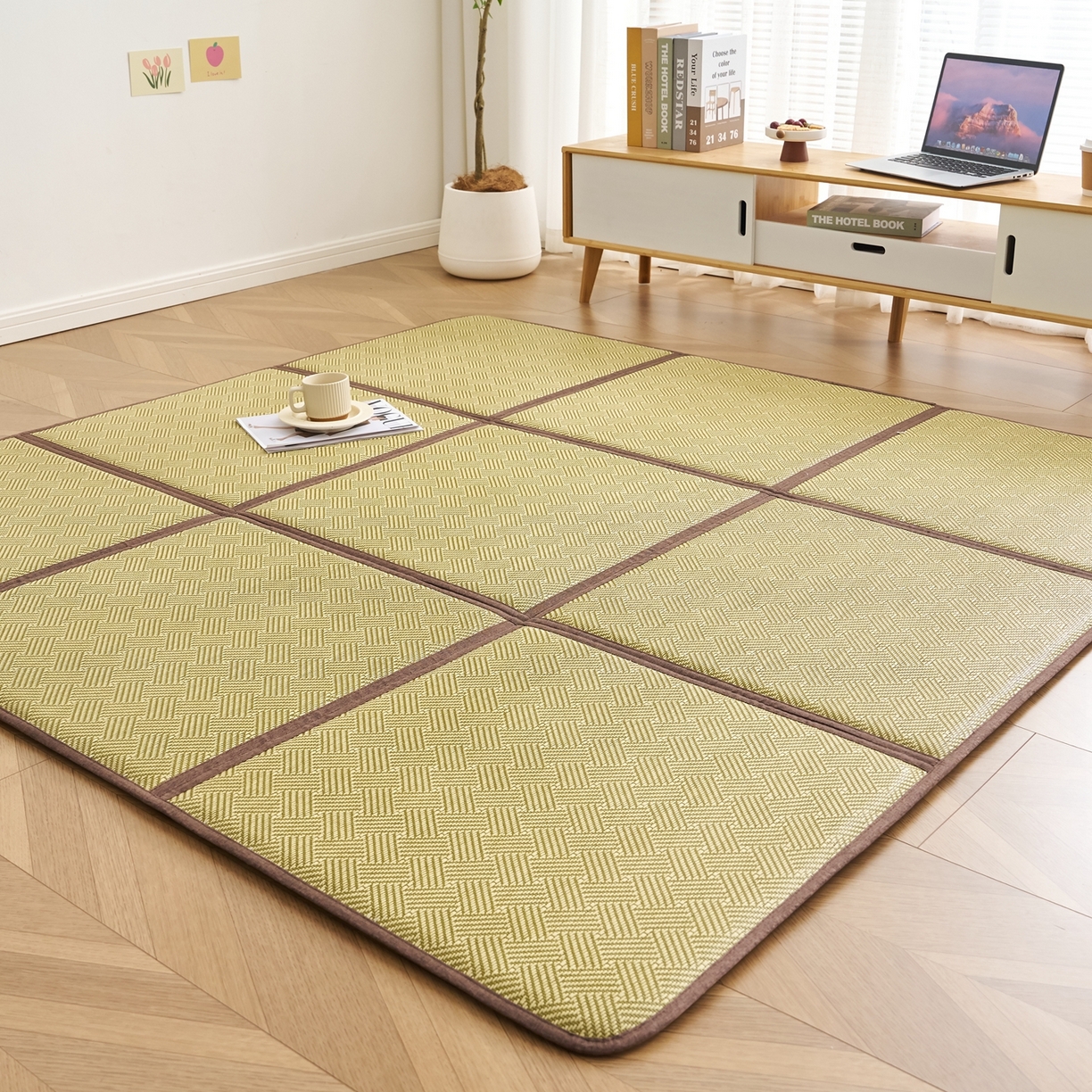 91家纺网 家纺一手货源 找家纺 鹿辉家居（原吉欧力） 2026新款多功能凉感冰藤床垫藤席地垫-九宫格 饼干花绿