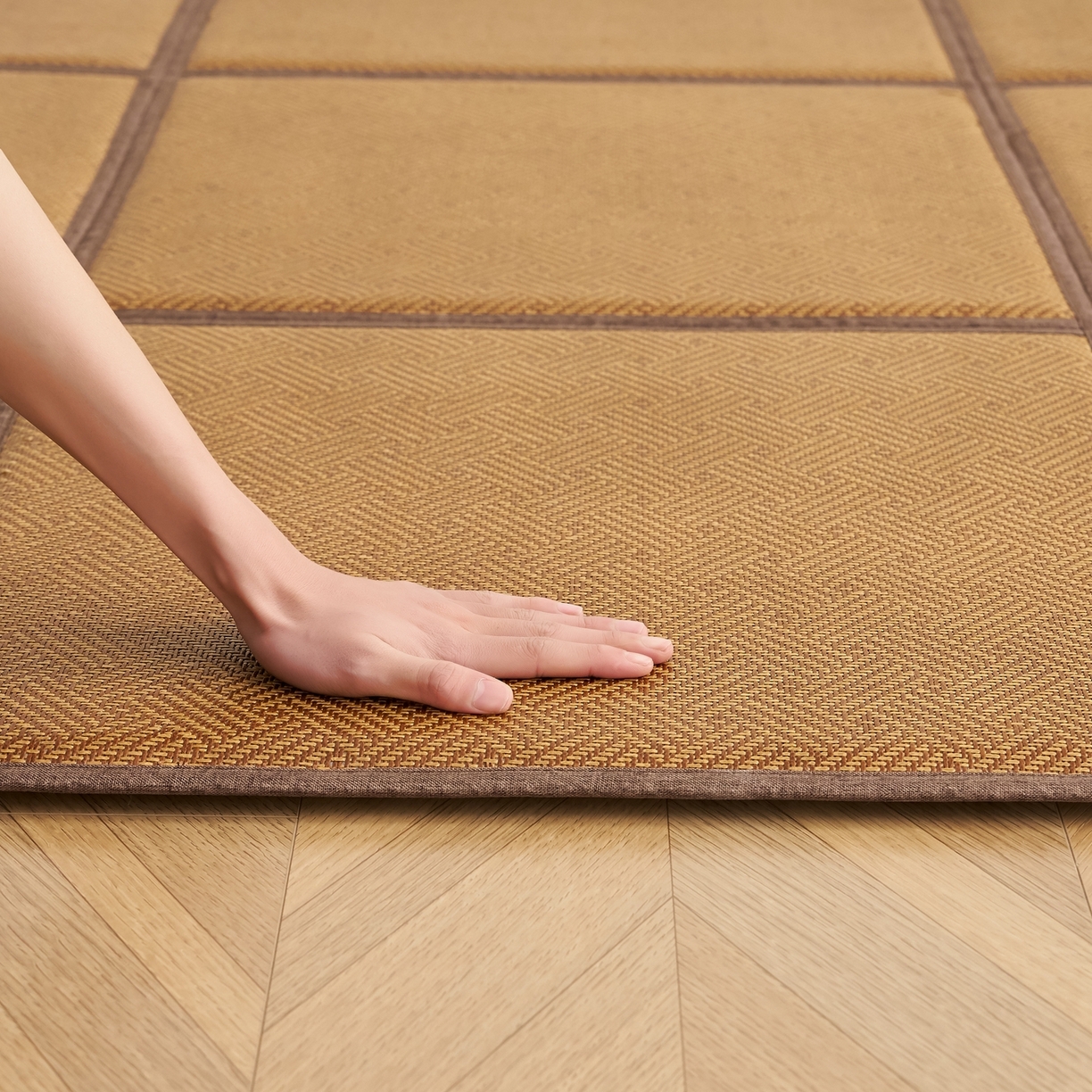 91家纺网 家纺一手货源 找家纺 鹿辉家居（原吉欧力） 2026新款多功能凉感冰藤床垫藤席地垫-九宫格 饼干花卡其