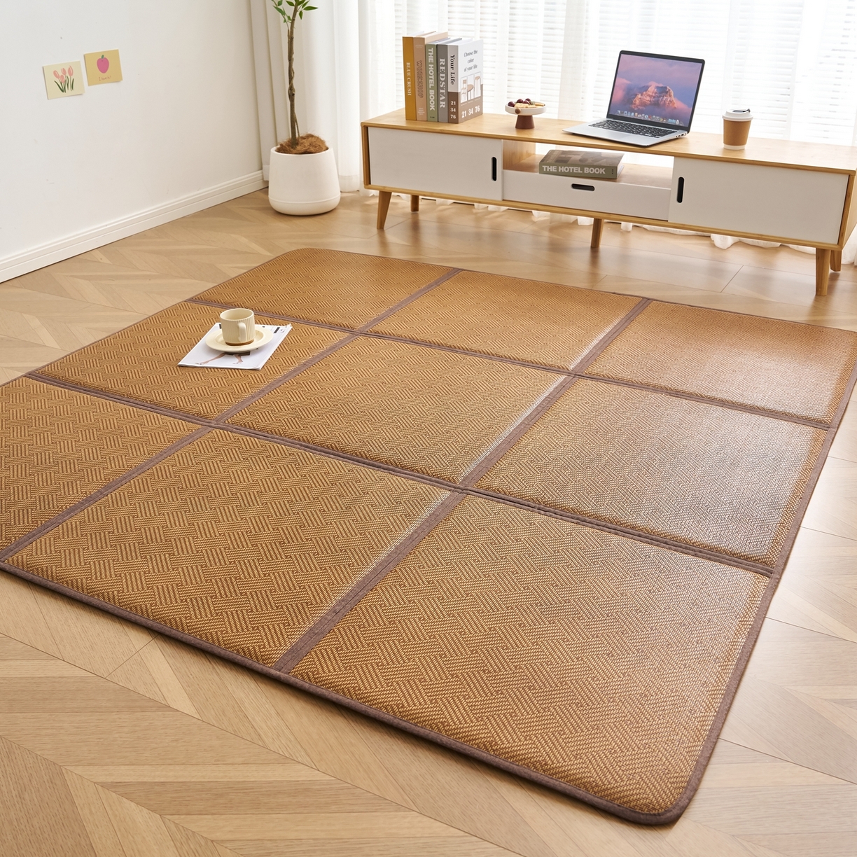 91家纺网 家纺一手货源 找家纺 鹿辉家居（原吉欧力） 2026新款多功能凉感冰藤床垫藤席地垫-九宫格 饼干花卡其